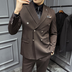 高级感色织西服戗驳领双排扣条纹西装三件套男深灰色SJT8020-P275图片