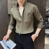 2025春装新中式立体条纹高级感口袋装饰立领长袖衬衫男CL9210-P73，男装衬衫，电商A213