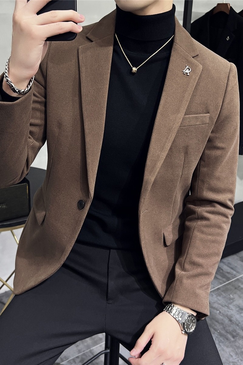 高级感男暗条纹毛呢休闲西服外套妮子西服加厚咖啡色DX6952-P155,男装西服,电商A213