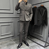 高级感色织西服戗驳领双排扣条纹西装三件套男深灰色SJT8020-P275，男装西服套装，电商A213