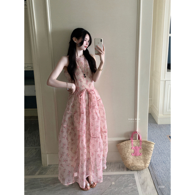 DARA ROSE-圈就爆了巨美甜美简约少女梦幻粉色碎花无袖收腰连衣裙