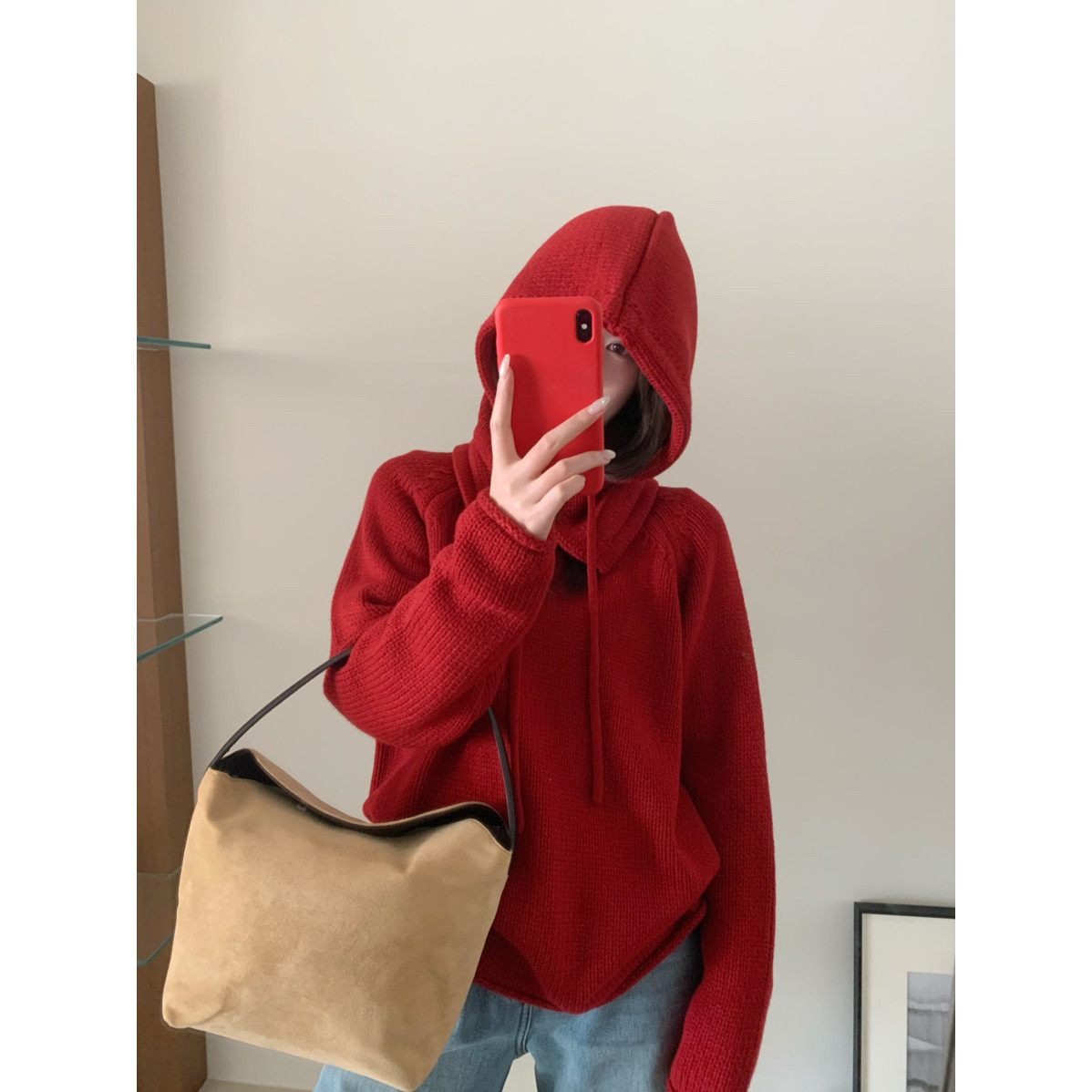 冬季毛线帽大红色简约圆领配围脖帽子两件套毛衣(配可拆卸帽子)