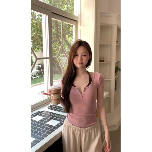 2026年春夏新款色拼接短袖上衣通勤百搭不挑人v领收腰显瘦短袖T恤