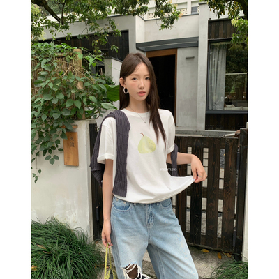 MZI STUDIO-式松弛网感夏季梨印花休闲宽松松弛感圆领套头短袖T恤