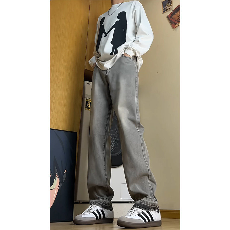 2025春季灰色大码裤脚毛边宽松牛仔裤水洗B329-KS2308P52控78Q,男装牛仔裤,电商B329