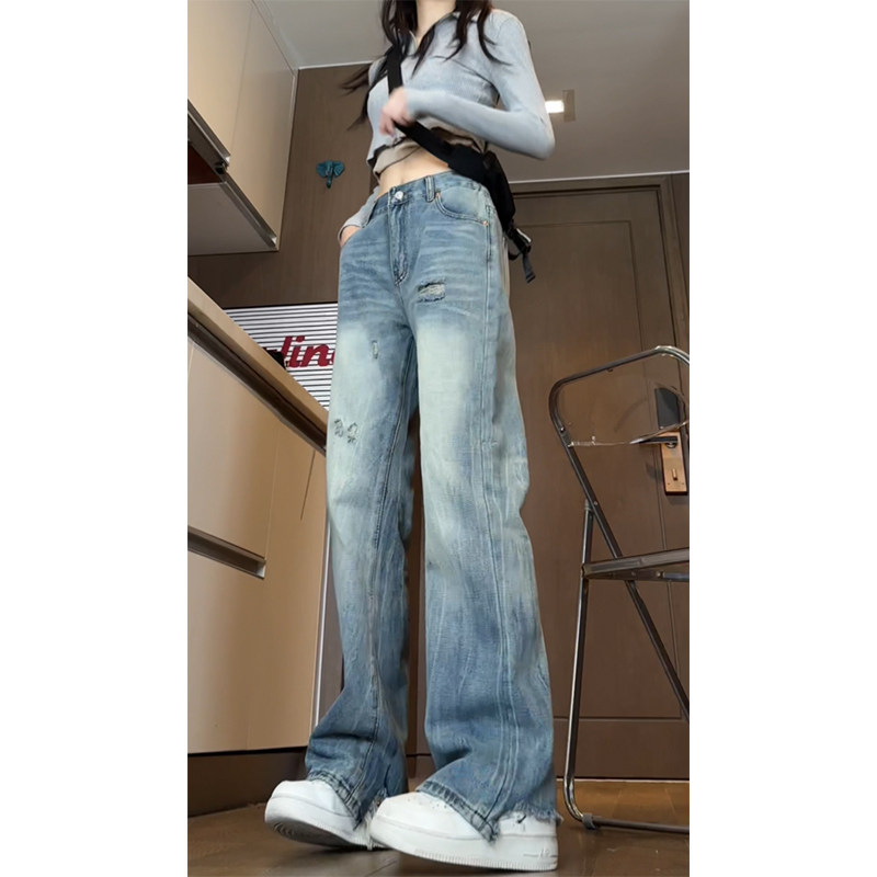 美式直筒微喇破洞牛仔裤男女vibe水洗裤子B329-KS2379P55控78R,男装牛仔裤,电商B329