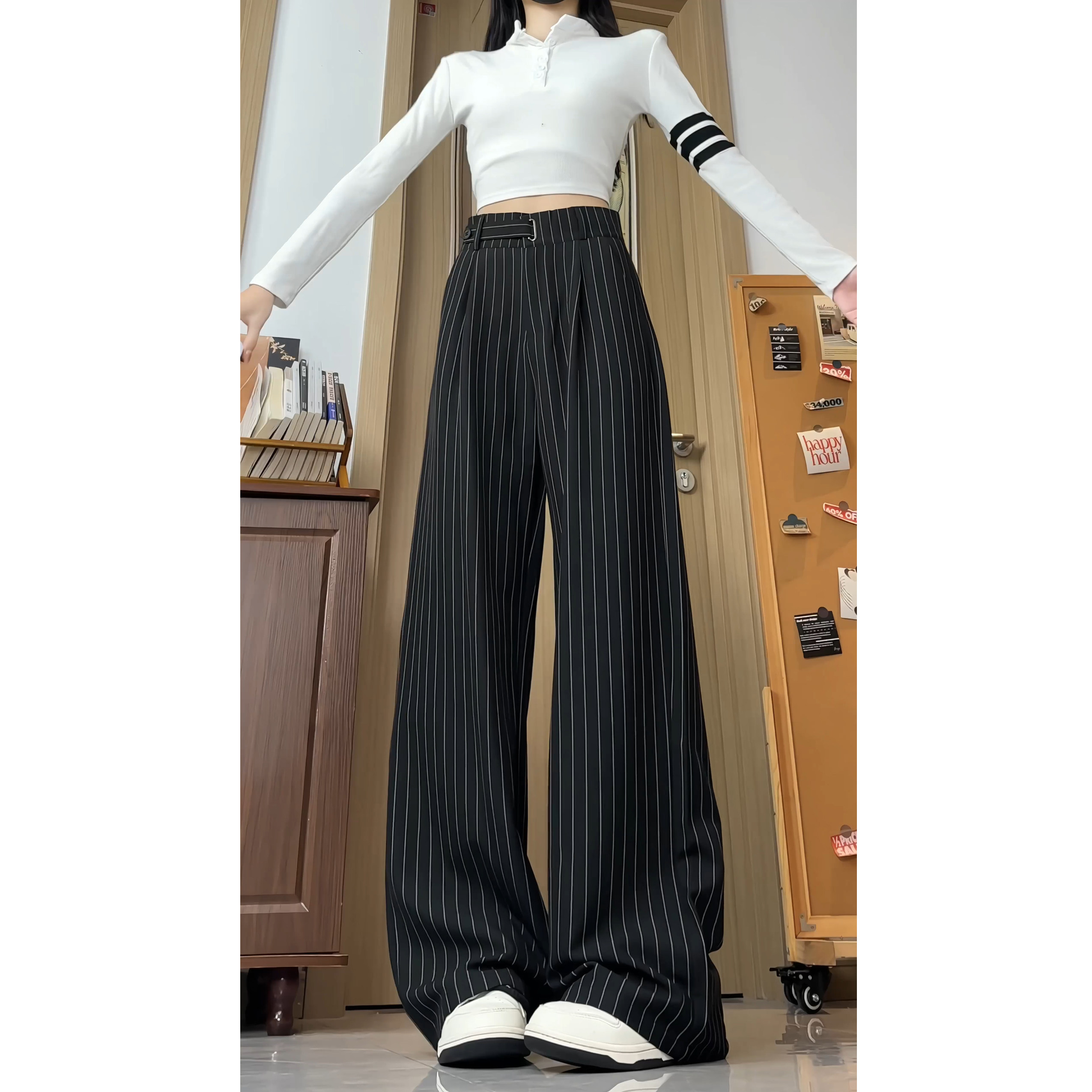 秋季宽松女复古条纹阔腿裤慵懒风休闲裤WH6908P55控78,女装牛仔裤,电商B329
