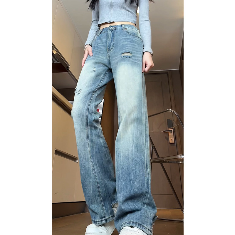 美式直筒微喇破洞牛仔裤男女vibe水洗裤子B329-KS2379P55控78R,男装牛仔裤,电商B329
