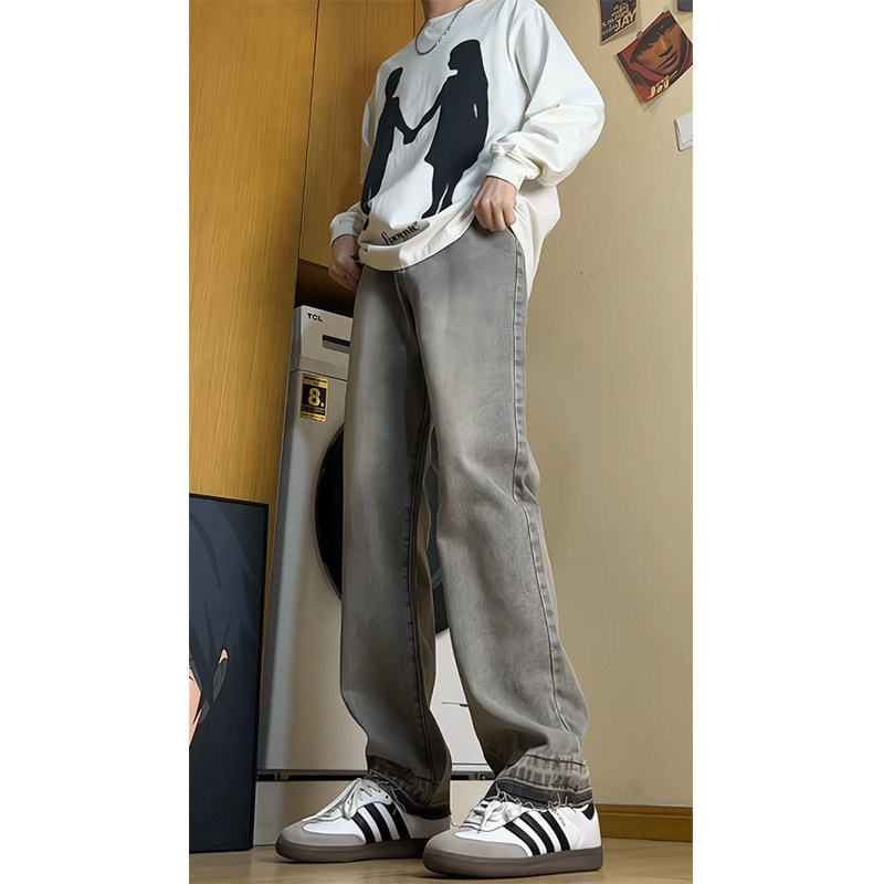 2025春季灰色大码裤脚毛边宽松牛仔裤水洗B329-KS2308P52控78Q,男装牛仔裤,电商B329