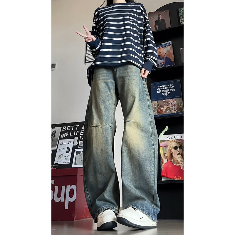 港风中性男女同款2025秋季弯刀裤直筒裤牛仔裤GY2601P55控78,男装牛仔裤,电商B329