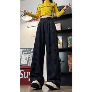 秋季宽松女复古条纹阔腿裤慵懒风休闲裤WH6908P55控78,女装牛仔裤,电商B329