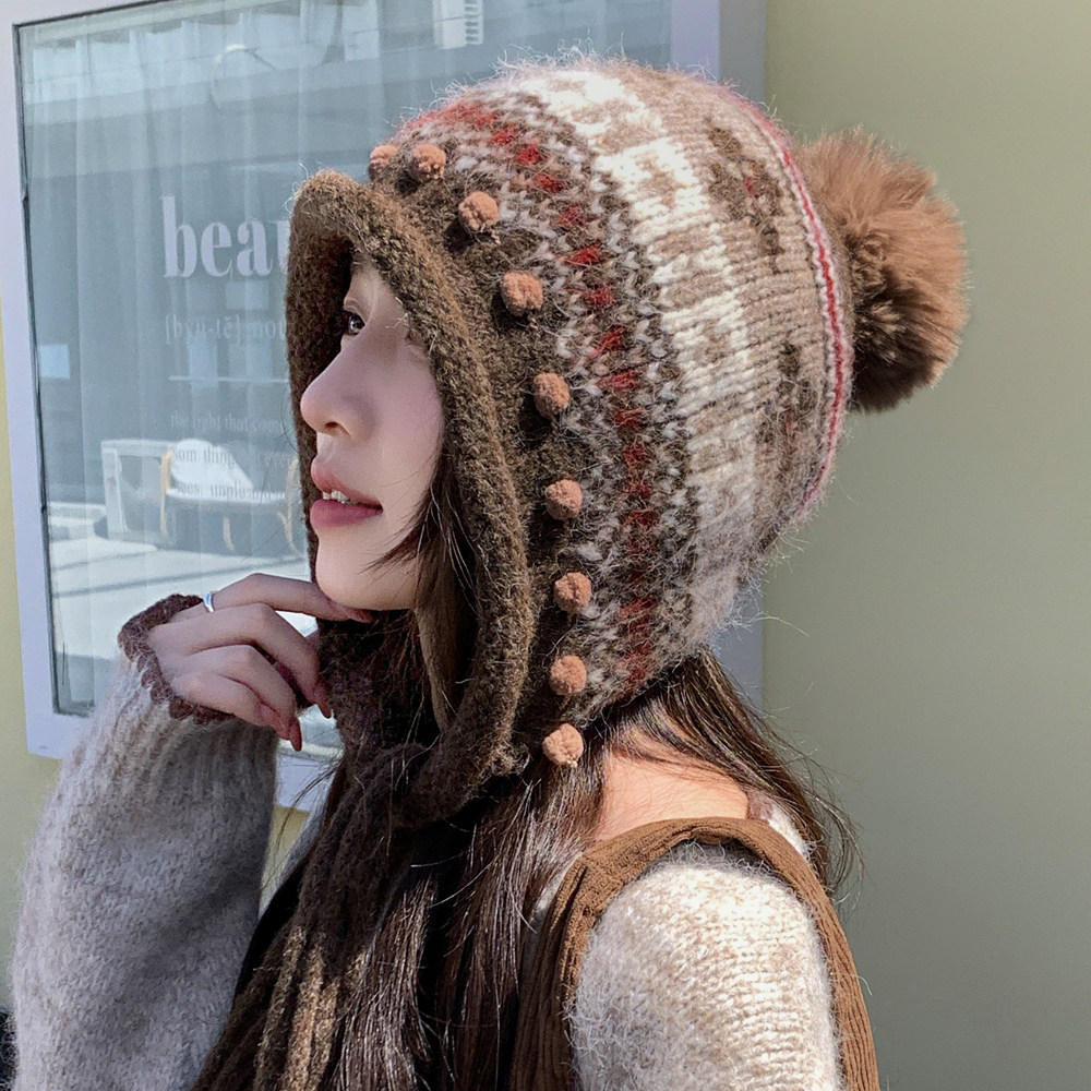 女款毛线帽百搭保暖针织护耳帽子韩版秋冬季新款加绒加厚毛球帽子