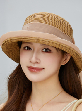草帽翻沿帽子海边沙滩田园新款女款夏季遮阳帽草编盆帽户外小帽檐