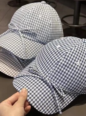 韩版格子甜美蝴蝶结棒球帽女夏季百搭显脸小鸭舌帽防晒遮阳帽子