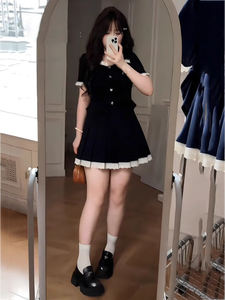 大码甜辣套装短袖上衣+半裙两件套女夏秋微胖mm巨显瘦千金风套装