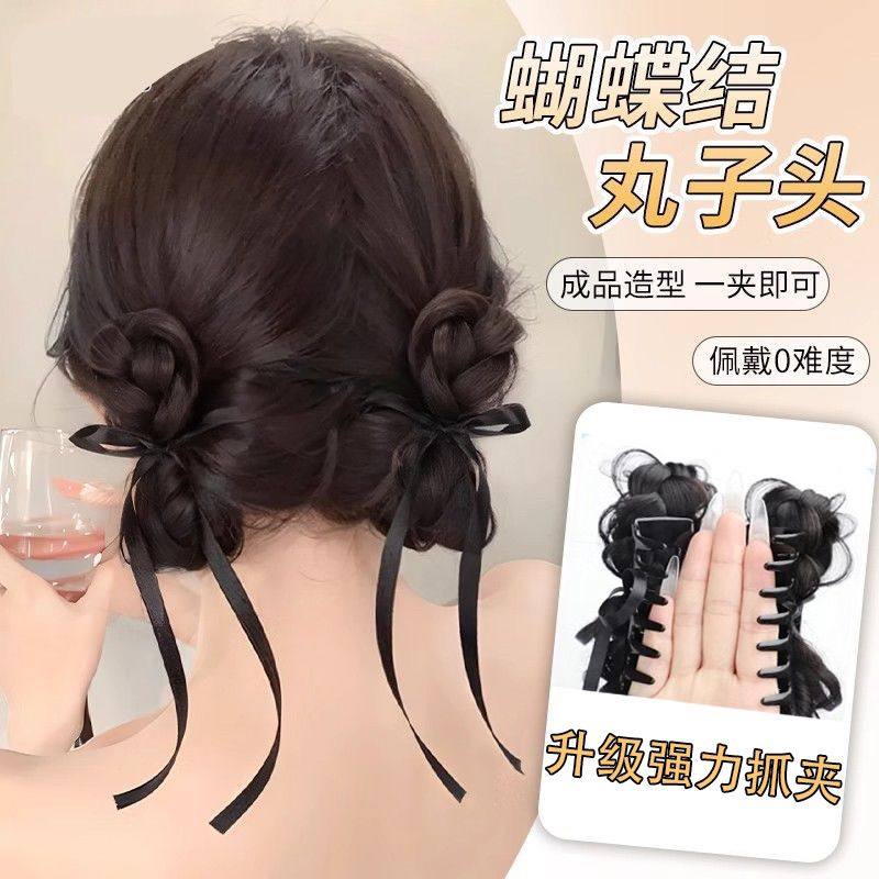 丸子头假发发圈女仿真发升级抓夹发包丝带蝴蝶结盘发神器假发抓夹