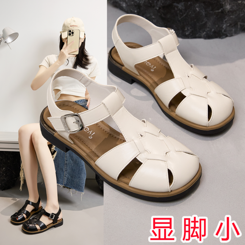 包头罗马凉鞋女2025新款夏季外穿镂空大码女鞋41到43显脚小平底42