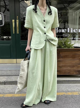 棉麻西装套装女2025夏季新款韩版时髦气质亚麻短袖西服阔腿裤套装