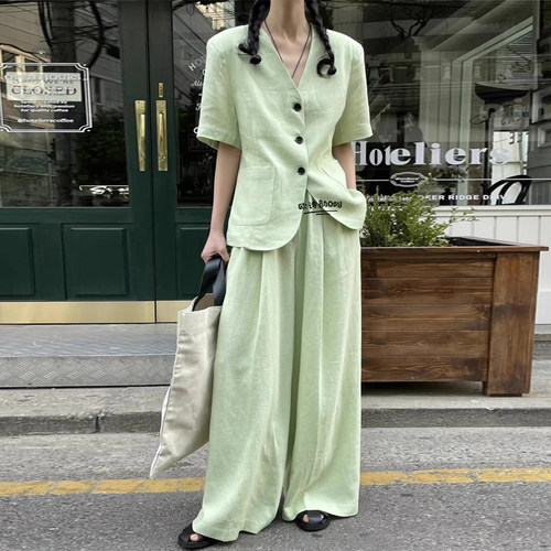气质亚麻短袖西服阔腿裤套装