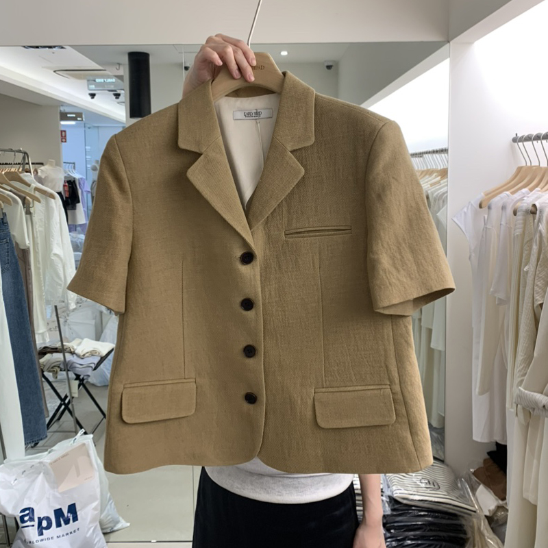2025夏季新款韩版宽松短款棉麻西装外套女时尚单排扣短袖西服上衣