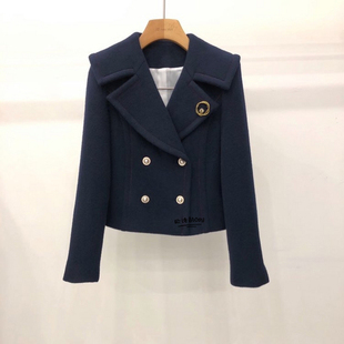 藏青色短款毛呢外套女2025秋冬新款韩版宽松英伦风小个子呢子大衣