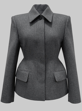 2025年秋冬季韩版掐腰显瘦时尚气质加厚娃娃领羊毛西装毛呢外套女