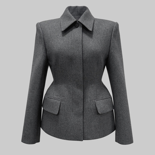 2025年秋冬季韩版掐腰显瘦时尚气质加厚娃娃领羊毛西装毛呢外套女
