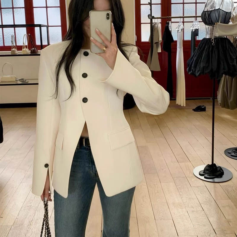 西装外套女2026春秋新款时尚收腰设计感圆领西服上衣单排扣