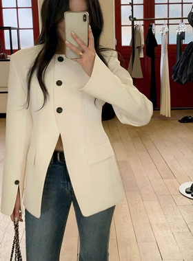 西装外套女2026春秋新款时尚收腰设计感圆领西服上衣单排扣