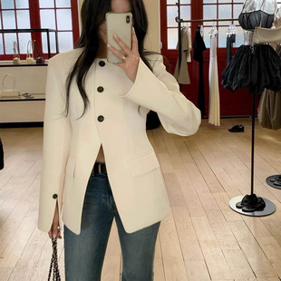 收腰设计感圆领西服上衣单排扣 时尚 西装 外套女2026春秋新款