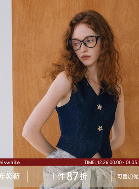 whiteiswhite设计感复古蓝色轻薄牛仔马甲收腰短款修身上衣背心女