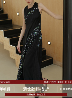 whiteiswhite背心连衣裙女圆领无袖拼接设计A字高腰修身碎花长裙