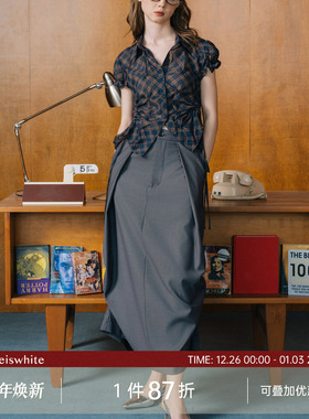 whiteiswhite灰色半身裙女夏高腰显瘦垂感立体褶皱设计感西装裙