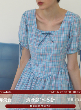 whiteiswhite方领泡泡袖连衣裙女夏季丝绒蝴蝶结高腰A字裙中长裙