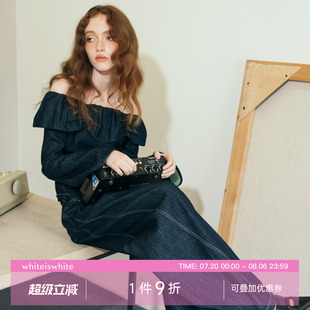 修身 衬衫 whiteiswhite甜辣风一字肩上衣喇叭袖 牛仔长袖 女春季 新款