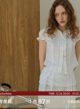 whiteiswhite飘带翻领白色短袖衬衫上衣半身短裙衬衣套装裙两件套
