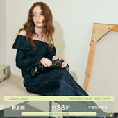 修身 新款 牛仔长袖 女春季 衬衫 whiteiswhite甜辣风一字肩上衣喇叭袖