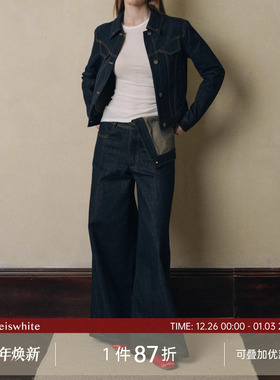 whiteiswhite 显瘦阔腿翻折牛仔裤女深蓝色复古直筒百搭休闲长裤