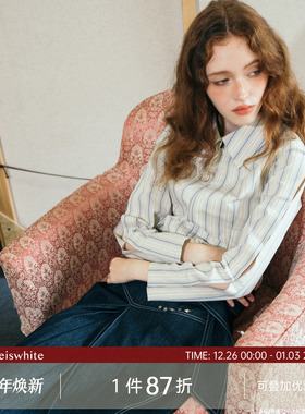 whiteiswhite 复古拉链竖条纹长袖衬衫女宽松休闲通勤短款上衣女