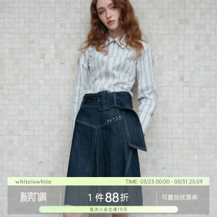 whiteiswhite 显瘦a字中长裙 复古牛仔半身裙搭配腰带毛边设计修身
