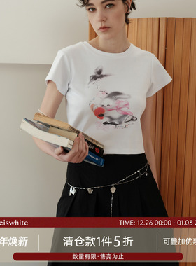 whiteiswhite白色短款T恤纯棉修身y2k蝴蝶小兔印花设计短袖女夏