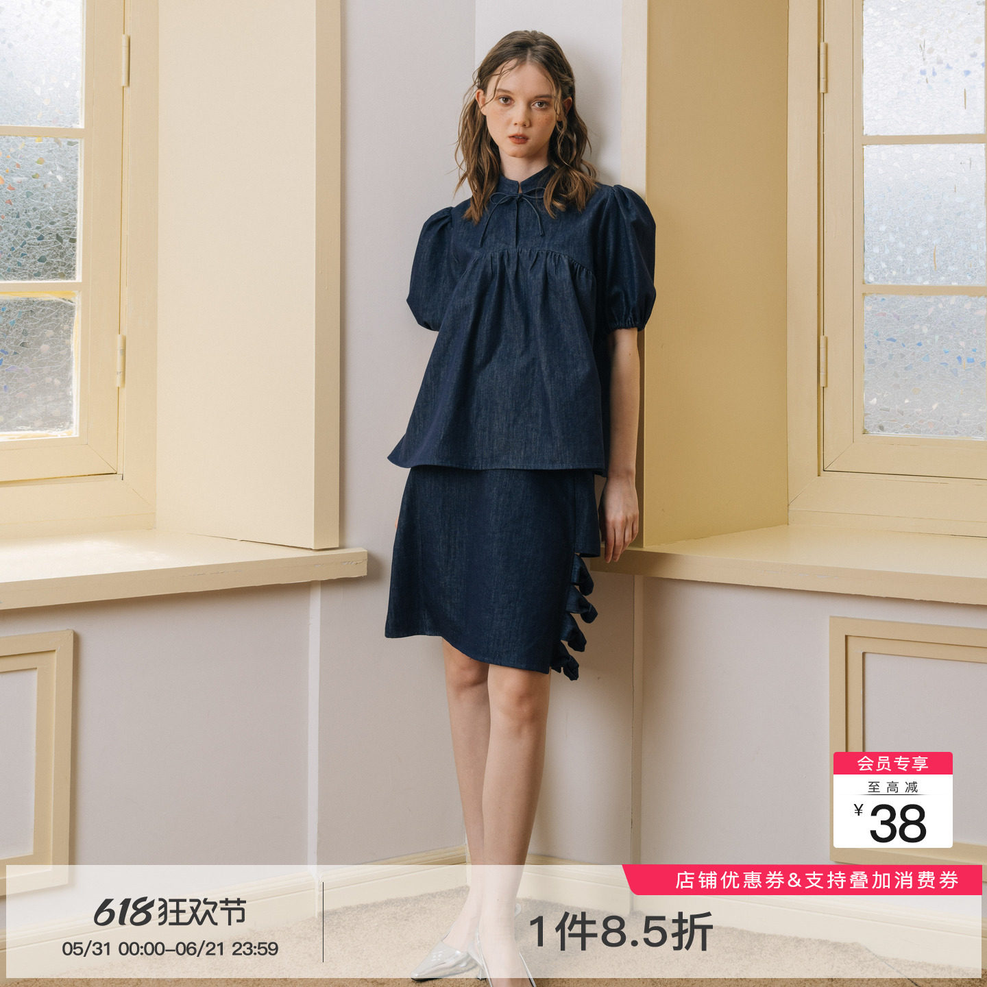whiteiswhite牛仔半身裙女夏季2025新款纽结设计显瘦辣妹短裙