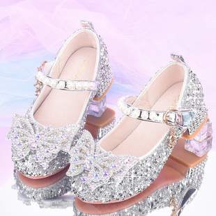 女童银色儿童单鞋 模特走秀演出鞋 时尚 银色花童礼服鞋 水晶鞋 公主鞋