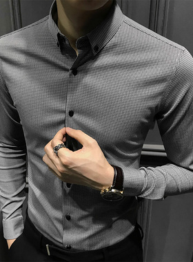 高级感设计千鸟格衬衫男长袖新款格子修身衬衣休闲商务百搭上衣