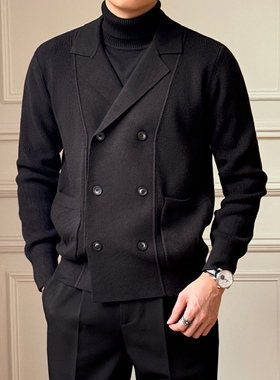 高级双排扣开衫毛衣男秋冬新款帅气百搭针织衫潮流休闲商务外套