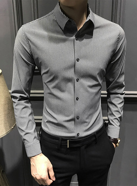 高级感衬衫长袖男高端痞帅2025新款条纹修身衬衣休闲商务男装免烫