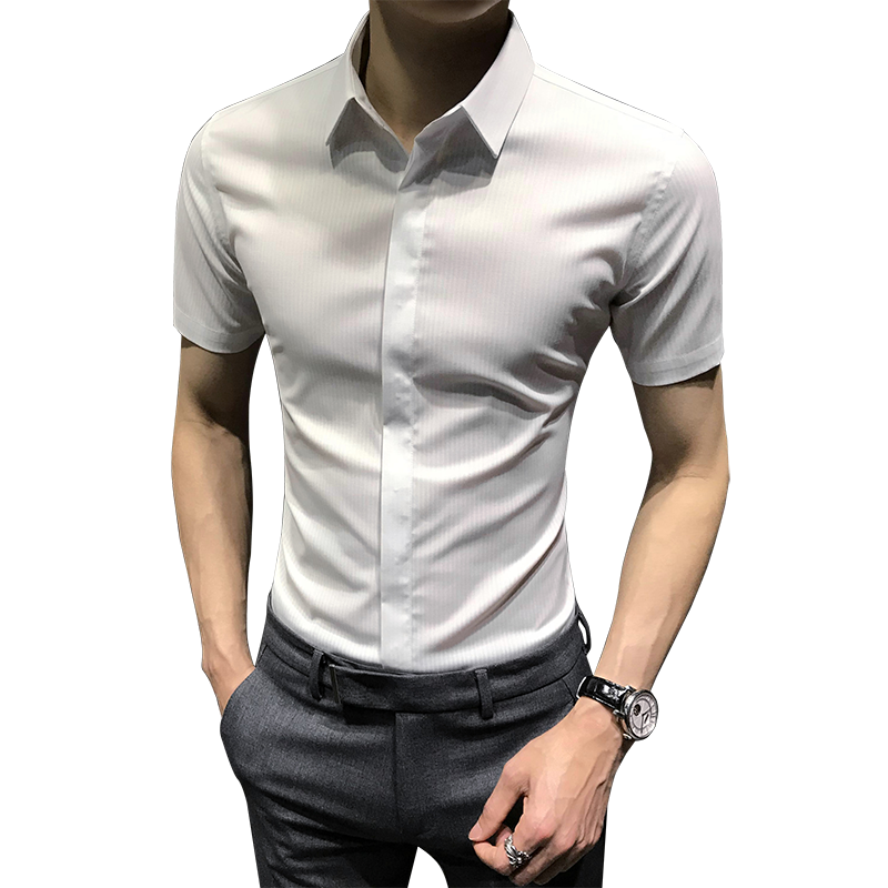 夏季暗扣男士襯衫短袖2025新款免燙商務(wù)休閑襯衣潮修身高端上衣寸