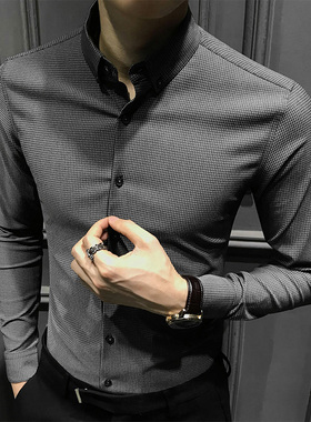 秋季千鸟格衬衫男长袖2025新款高级格子休闲衬衣修身商务男装弹力