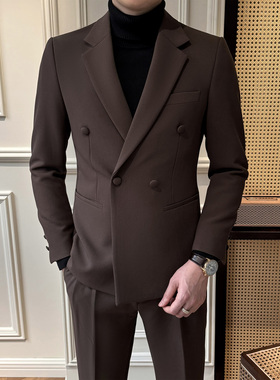 高端双排扣男士套装西服高级两件装痞帅修身西装外套休闲商务正装