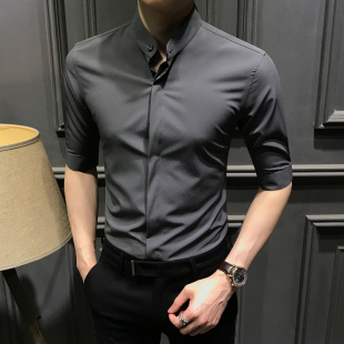 新款 男夏季 修身 百搭中袖 免烫寸 高级立领短袖 衬衣潮流商务半袖 衬衫